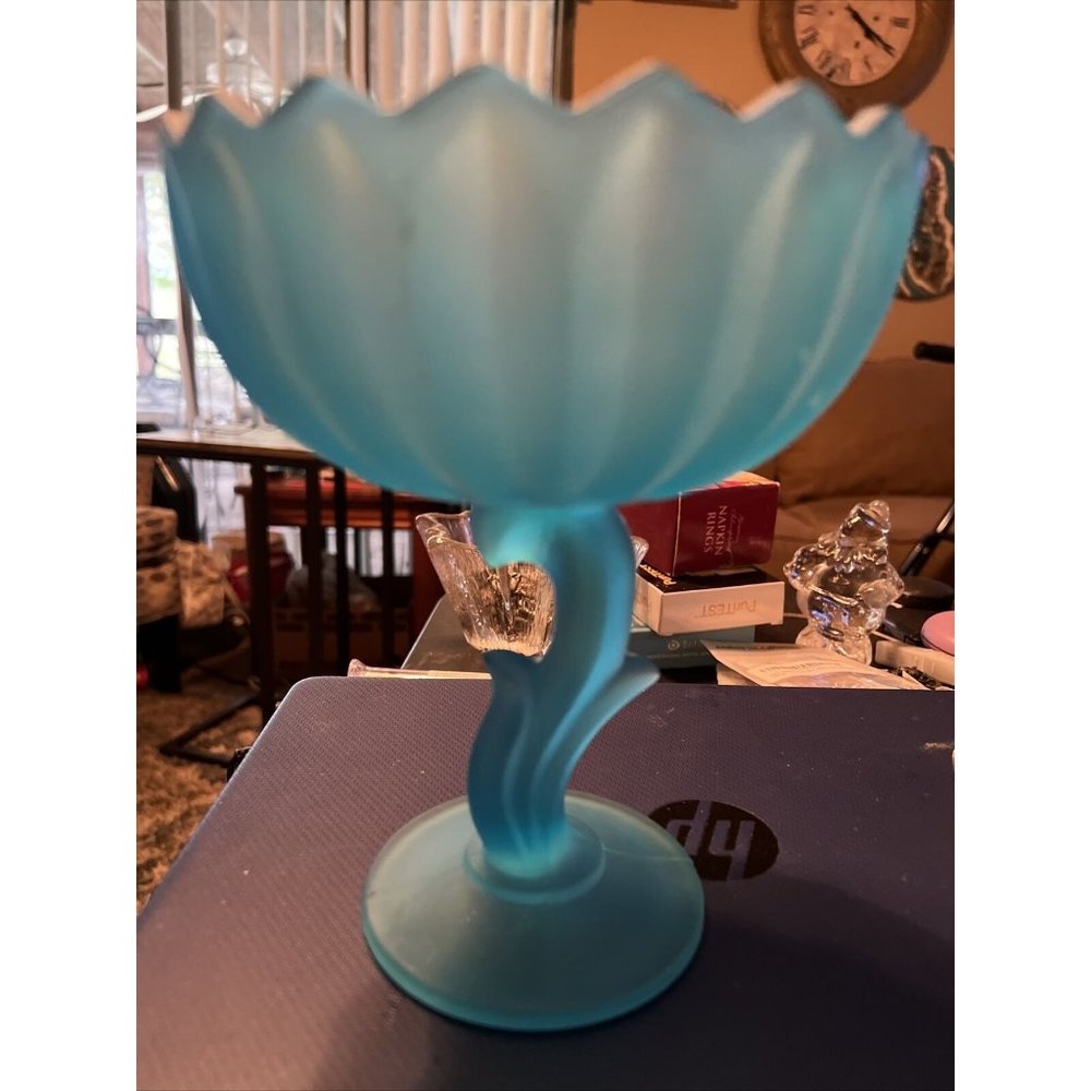 Vintage Indiana Satin Blue Glass Lotus Blossom Compote Candy Dish